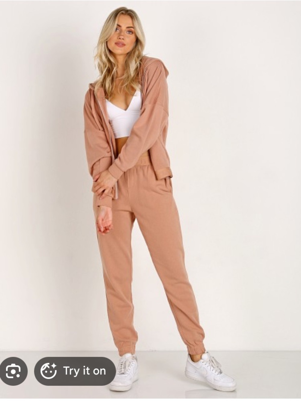 Calvin Klein jogger set beige nude tape logo zip up hoodie rayon SZ S